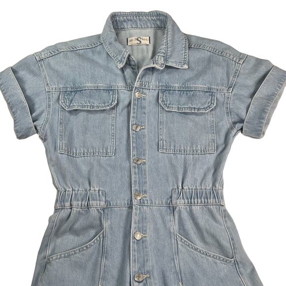 Free People We The Free Boho Light Denim Coverall Jumpsuit Defined Waist Women S - Picture 6 of 16
